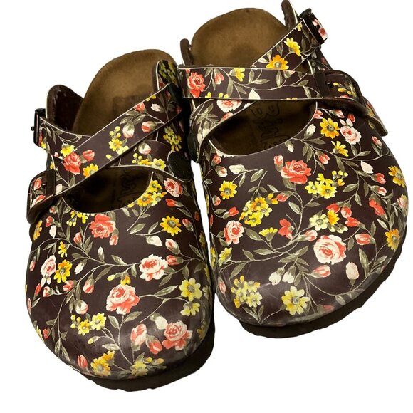 Birki's by Birkenstock Floral Clogs size kids 10 Brown Leather Adjustable Straps - Picture 5 of 11